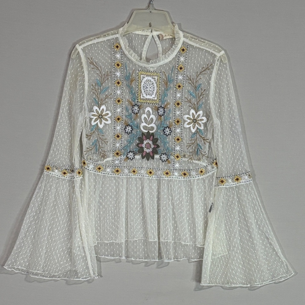 Altar’d State Embroidered Sheer Mesh Blouse Boho Bell Sleeve M